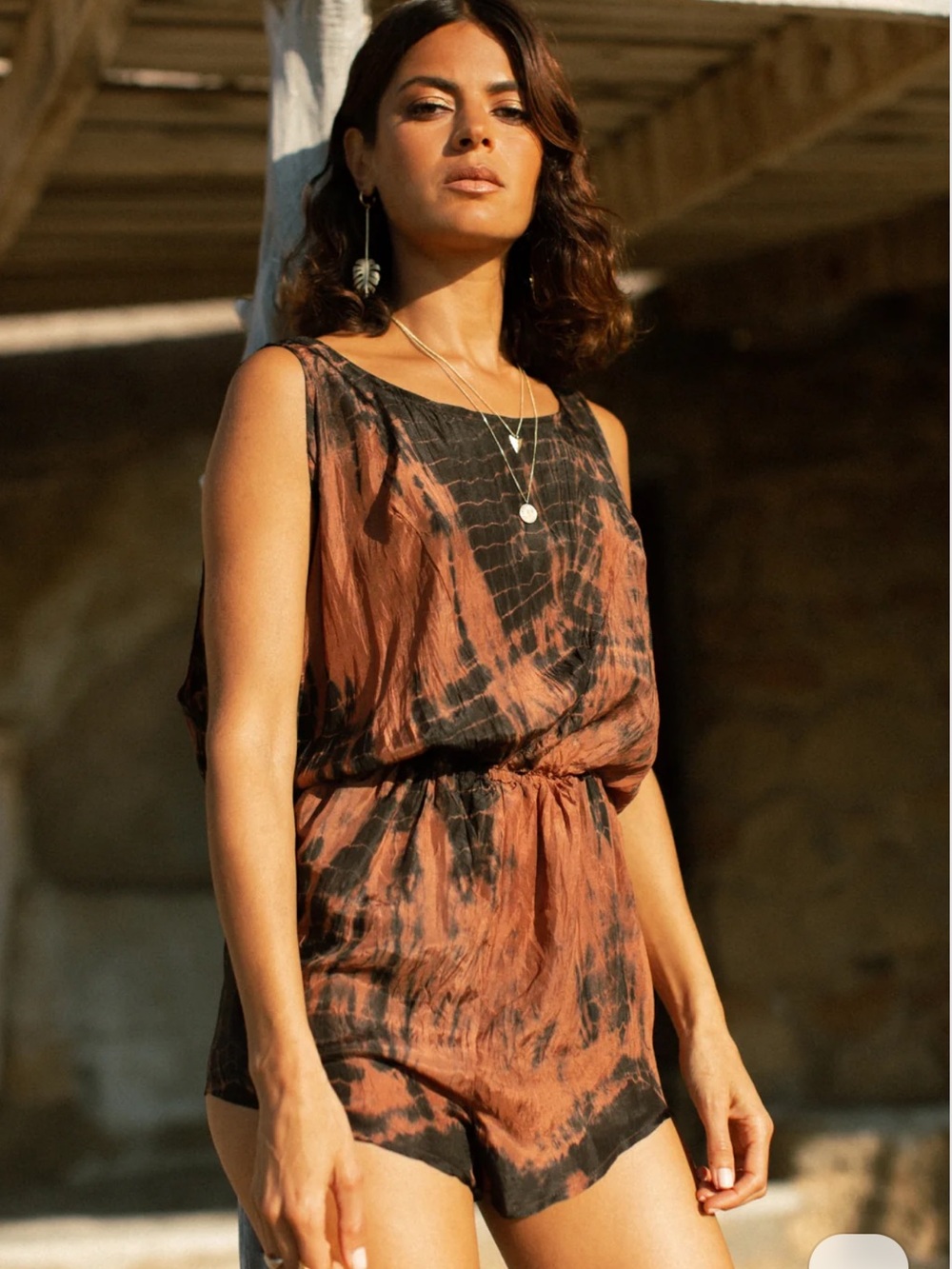 Fara Boutique - Silk Rust and Black Tie-Dye Romper NWT